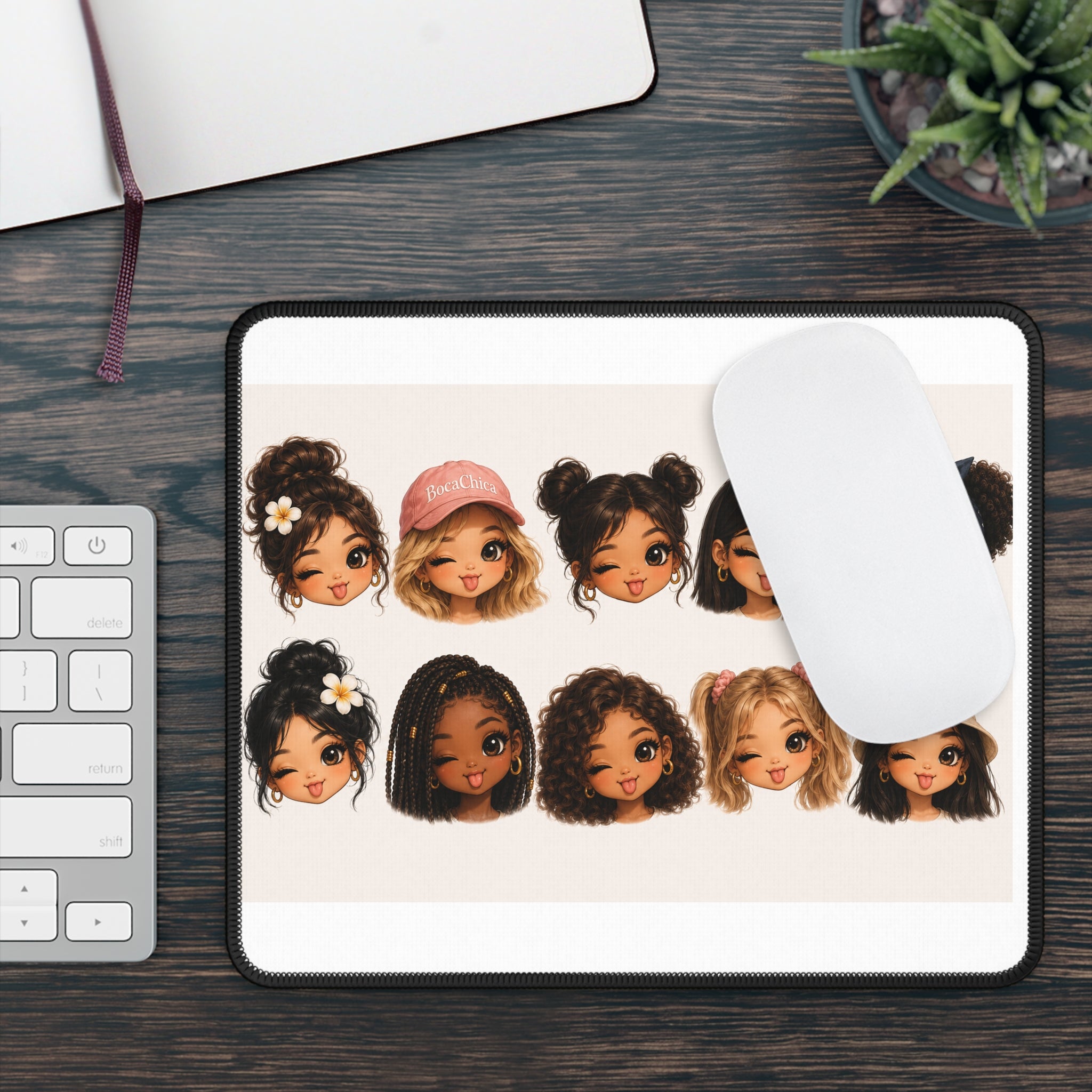 Cute BocaChica Girls Mouse Pad — Multicultural Cartoon Faces Gaming Mousepad