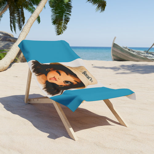 Beach Towel — Cute BocaChica Winking Girl Illustration with 'BocaChica' Bucket Hat | Tropical Pool & Beach Towel