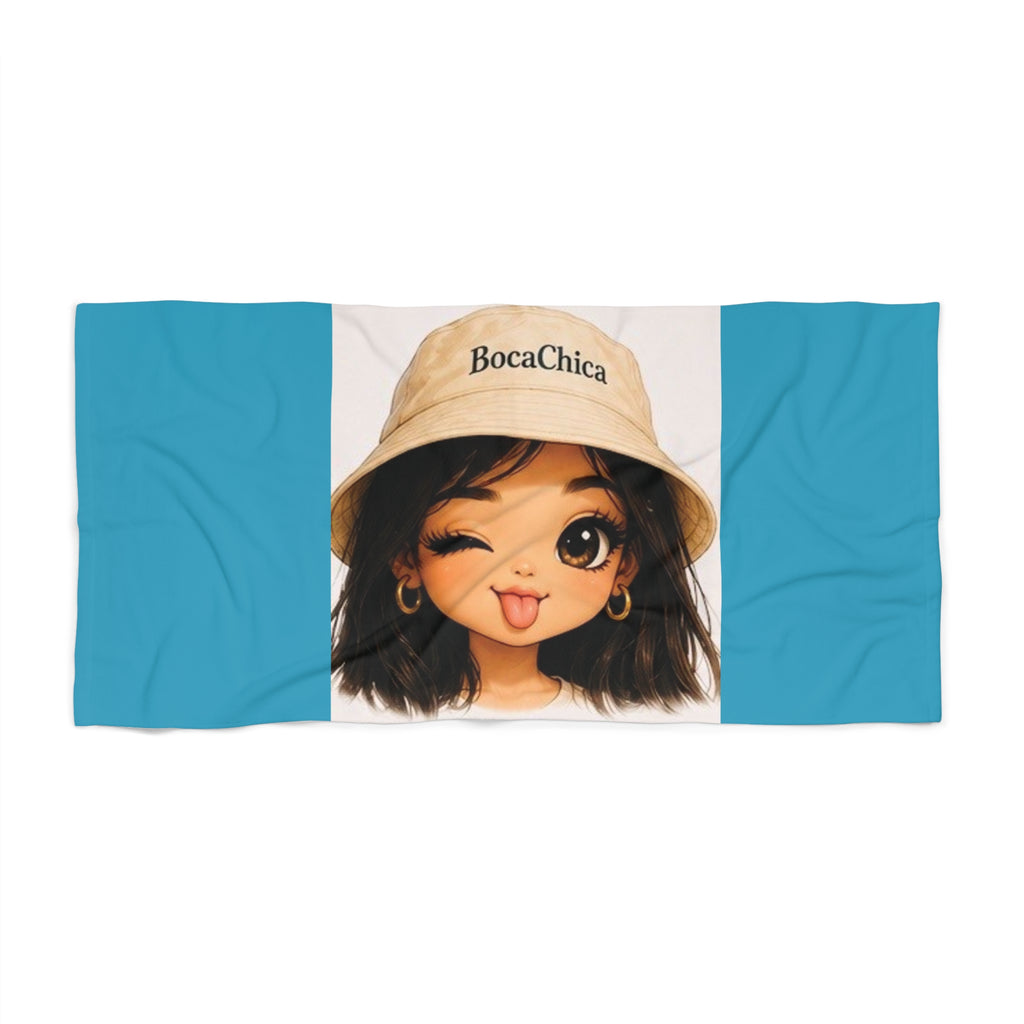 Beach Towel — Cute BocaChica Winking Girl Illustration with 'BocaChica' Bucket Hat | Tropical Pool & Beach Towel