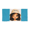 Beach Towel — Cute BocaChica Winking Girl Illustration with 'BocaChica' Bucket Hat | Tropical Pool & Beach Towel